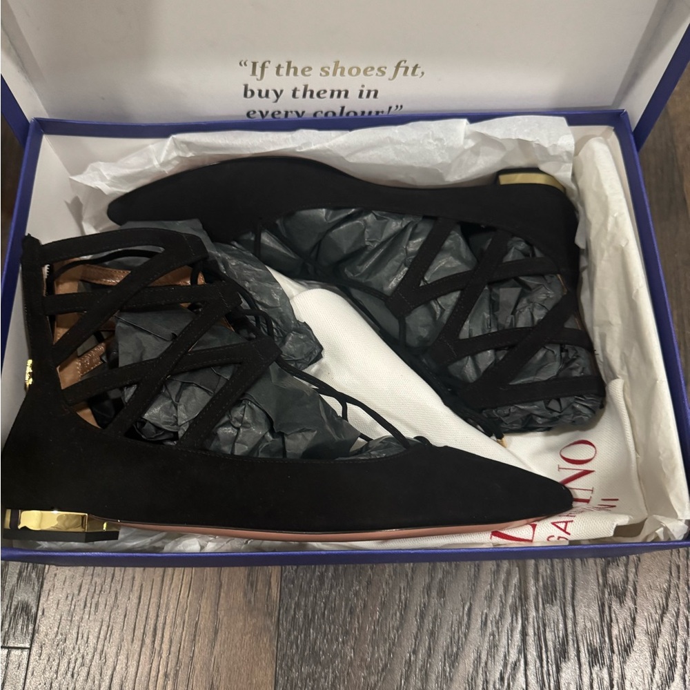 Aquazzura Black Flats with Gold Accents